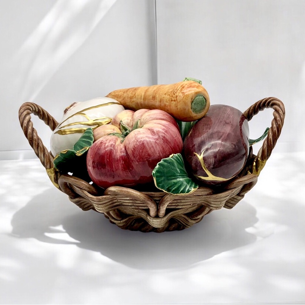 Kintsugi Italian Pottery Vegetable Basket Majolica Gold Crack Art Gift Italy MCM